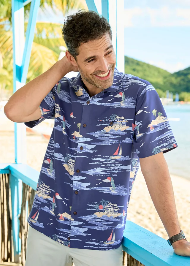 Cotton Traders Dark Blue Short Sleeve Summer Print Soft Touch Shirt