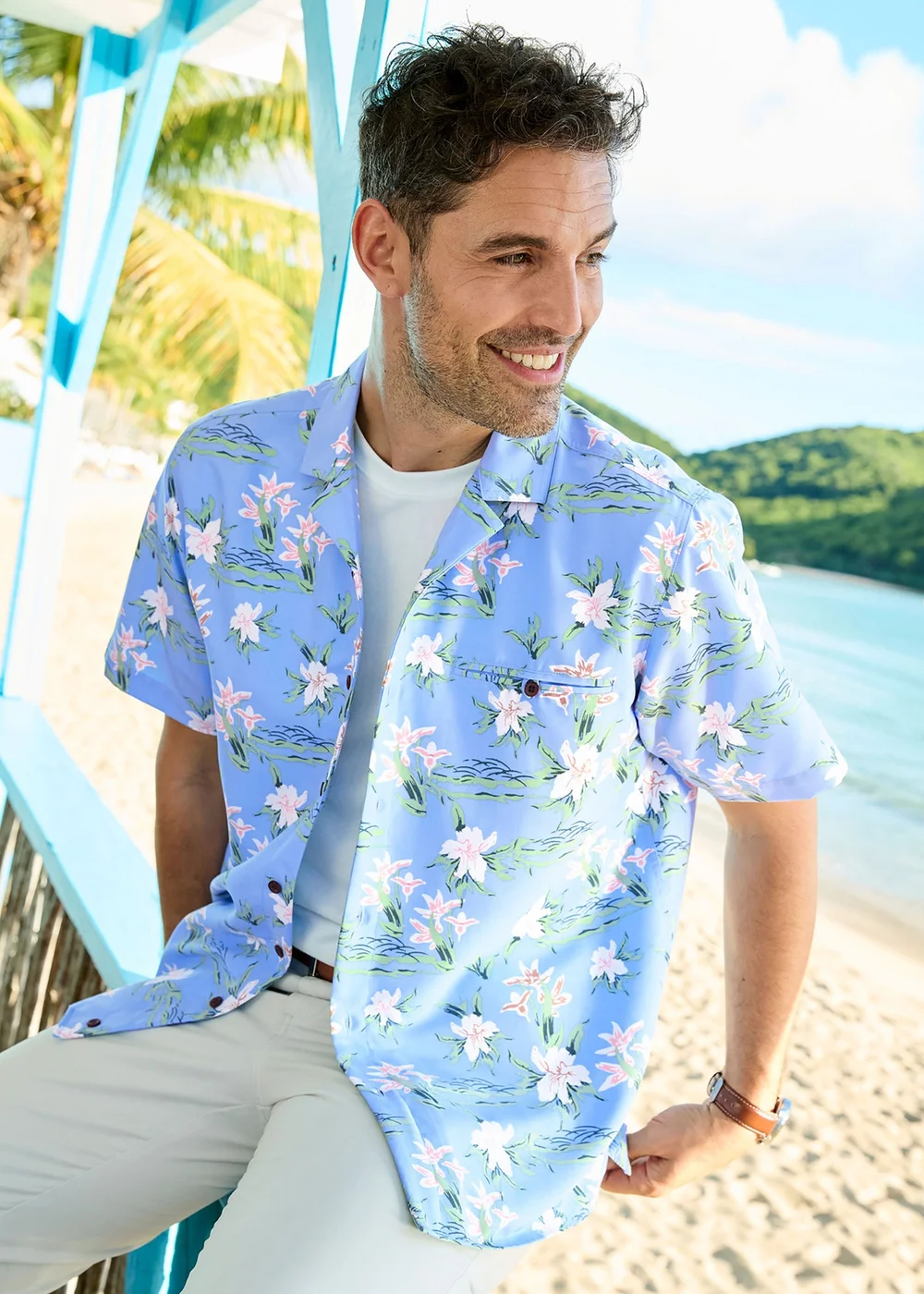 Cotton Traders Sky Blue Short Sleeve Summer Print Soft Touch Shirt - XL Image 1