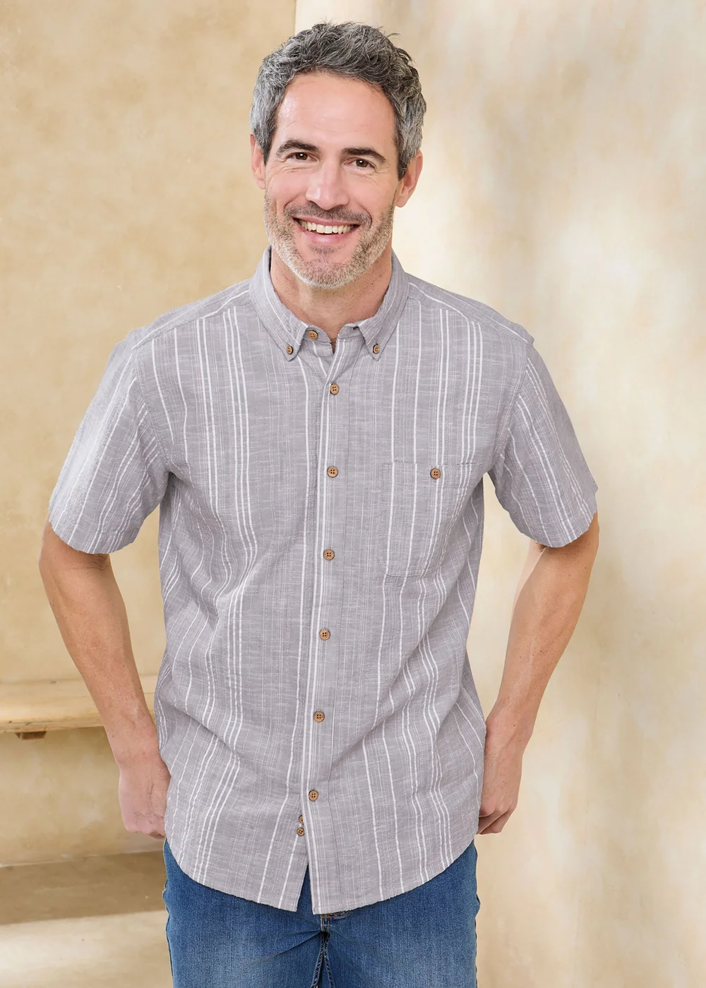 Cotton Traders Grey Short Sleeve Textured Stripe Shirt - L Image 2