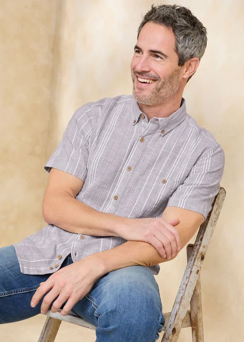 Cotton Traders Grey Short Sleeve Textured Stripe Shirt - L Image 1