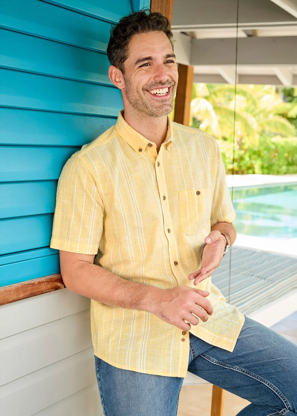 Cotton Traders Lemon Short Sleeve Textured Stripe Shirt - L Image 1