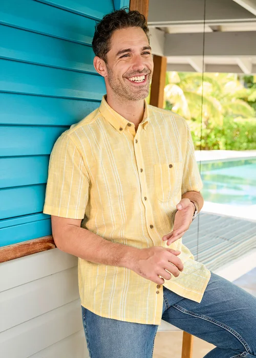 Cotton Traders Lemon Short Sleeve Textured Stripe Shirt - L Image 1