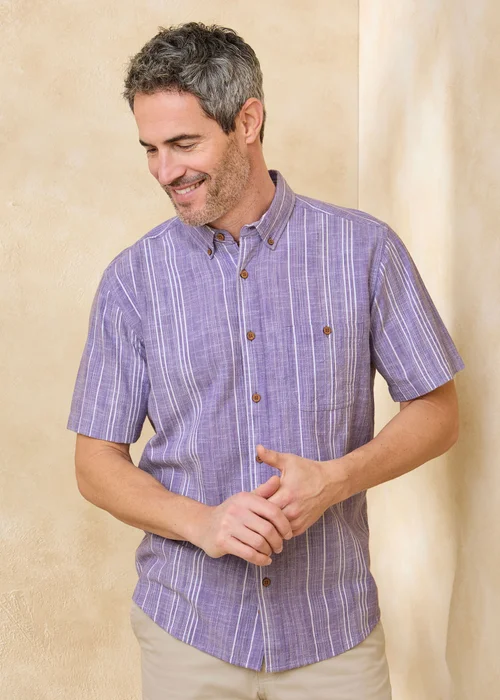 Cotton Traders Purple Short Sleeve Textured Stripe Shirt - M Image 2