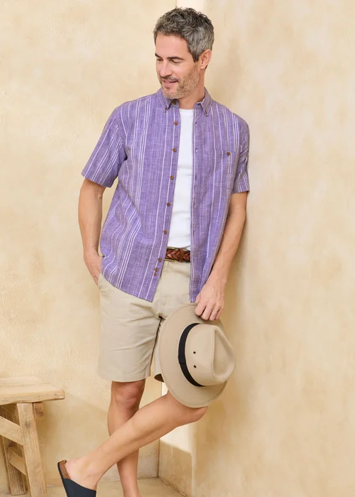 Cotton Traders Purple Short Sleeve Textured Stripe Shirt - M Image 1