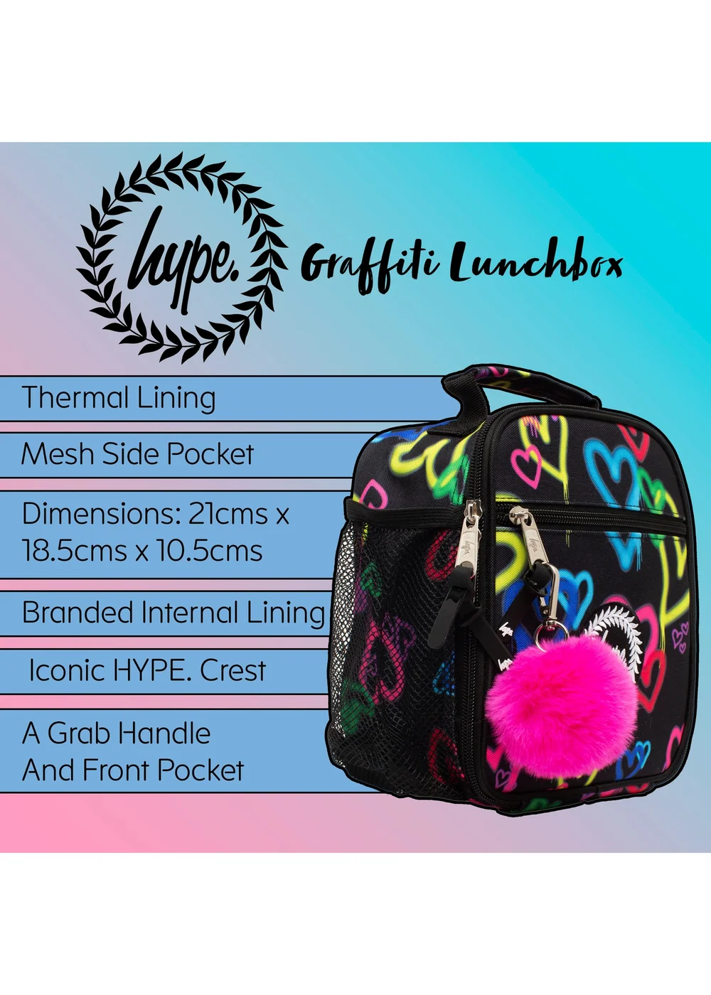Hype Kids Black Graffiti Hearts Thermal Insulated 4.5L Lunch Bag - One Size Image 5