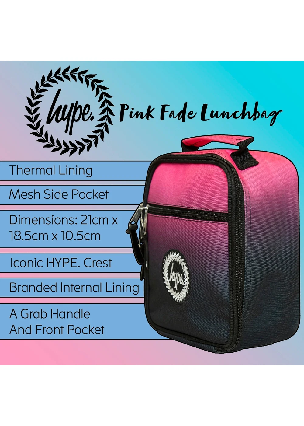 Hype Kids Black Pink Fade Thermal Insulated 4.5L Lunch Bag - One Size Image 5