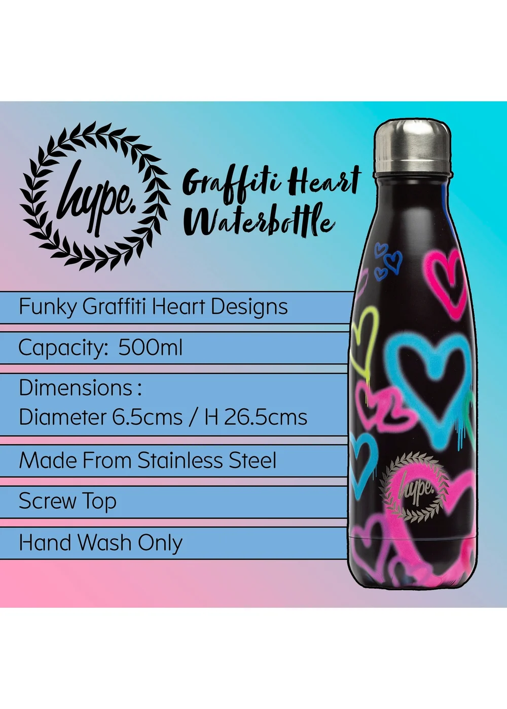 Hype Black Graffiti Heart Metal Screw Top Reusable Leak Resistant Water Bottle - One Size Image 5