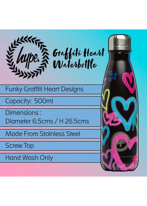 Hype Black Graffiti Heart Metal Screw Top Reusable Leak Resistant Water Bottle - One Size Image 5