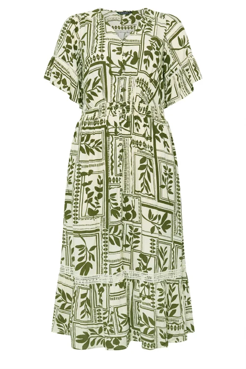 Evans Curve Green Leaf Print Button Through Maxi Dress - 20 Image 5