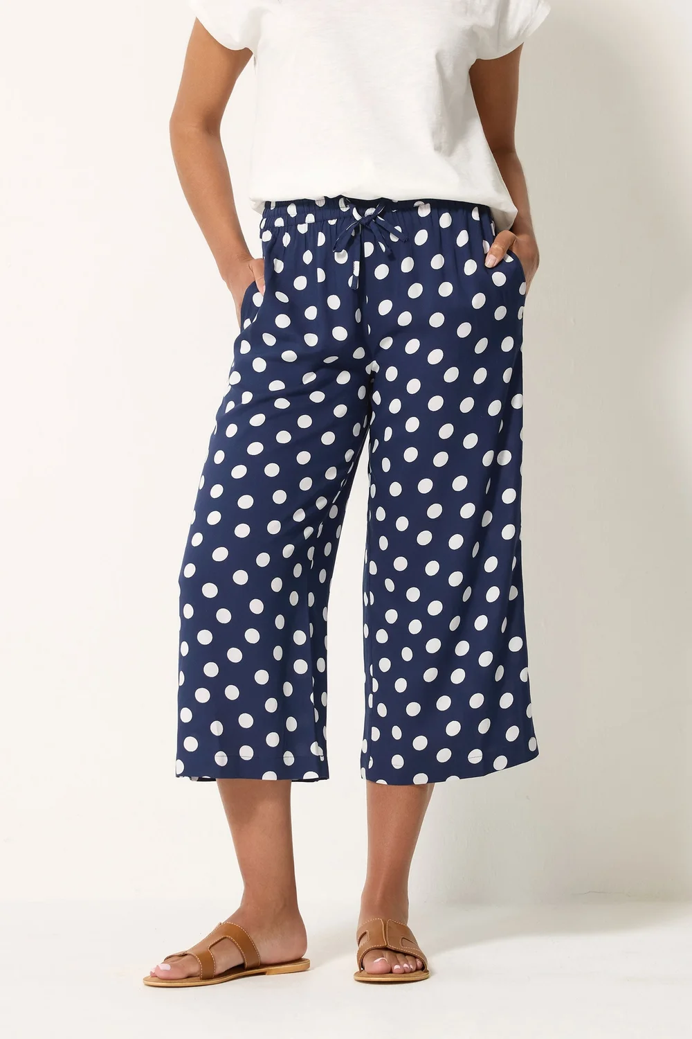 M&Co Navy Blue Polka Dot Cropped Trousers - 10/L27 Image 1