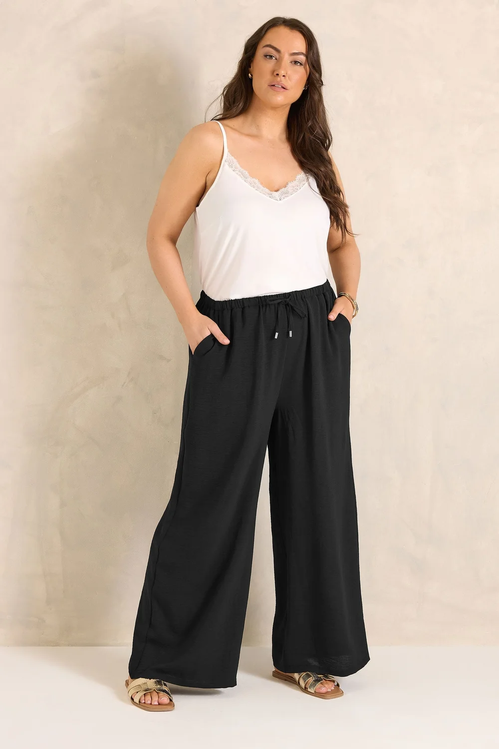 Evans Curve Black Tie Waist Wide Leg Trousers - 18/L30 Image 1
