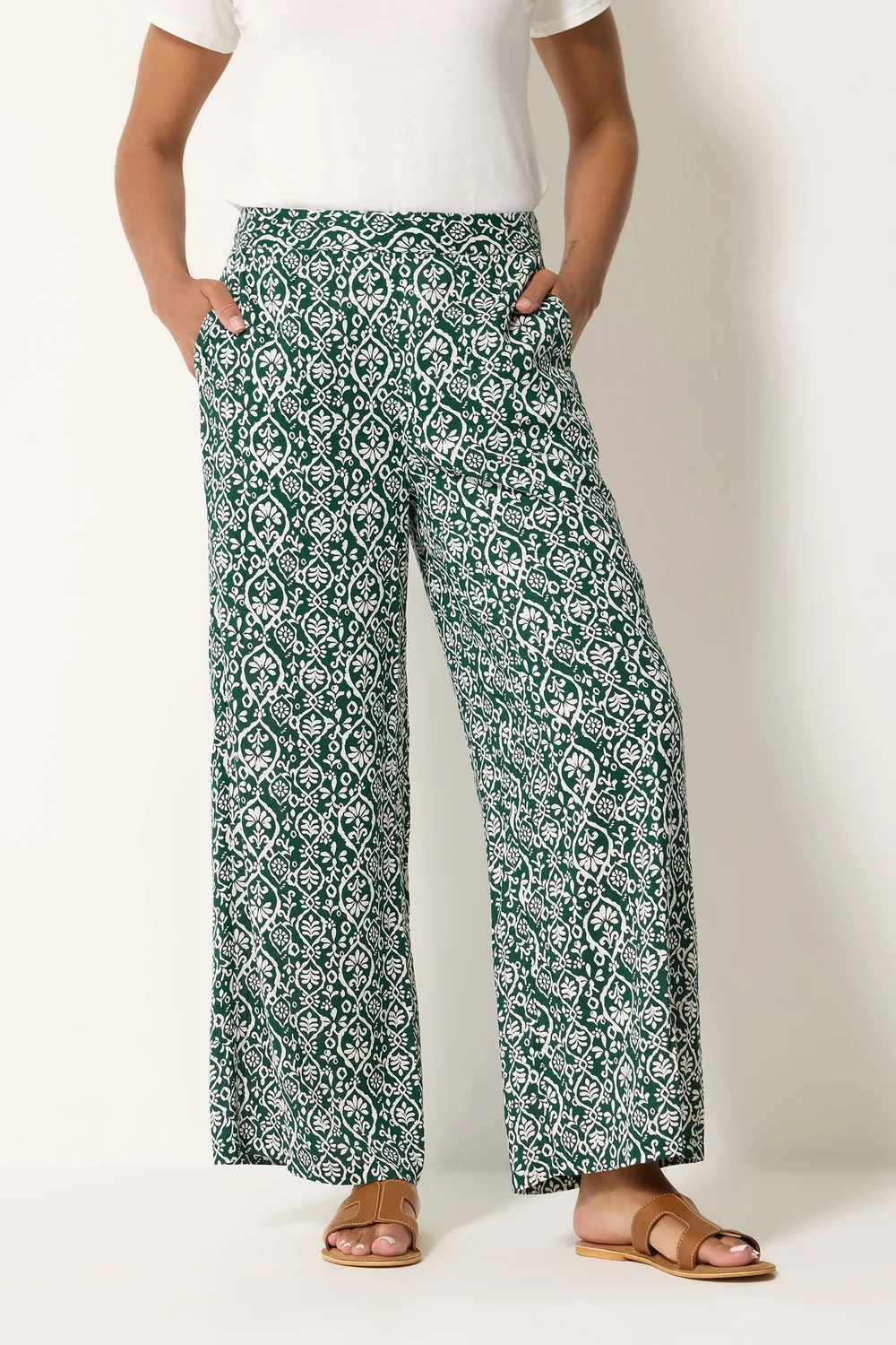 M&Co Green Abstract Print Wide Leg Trousers - 8/L27 Image 1