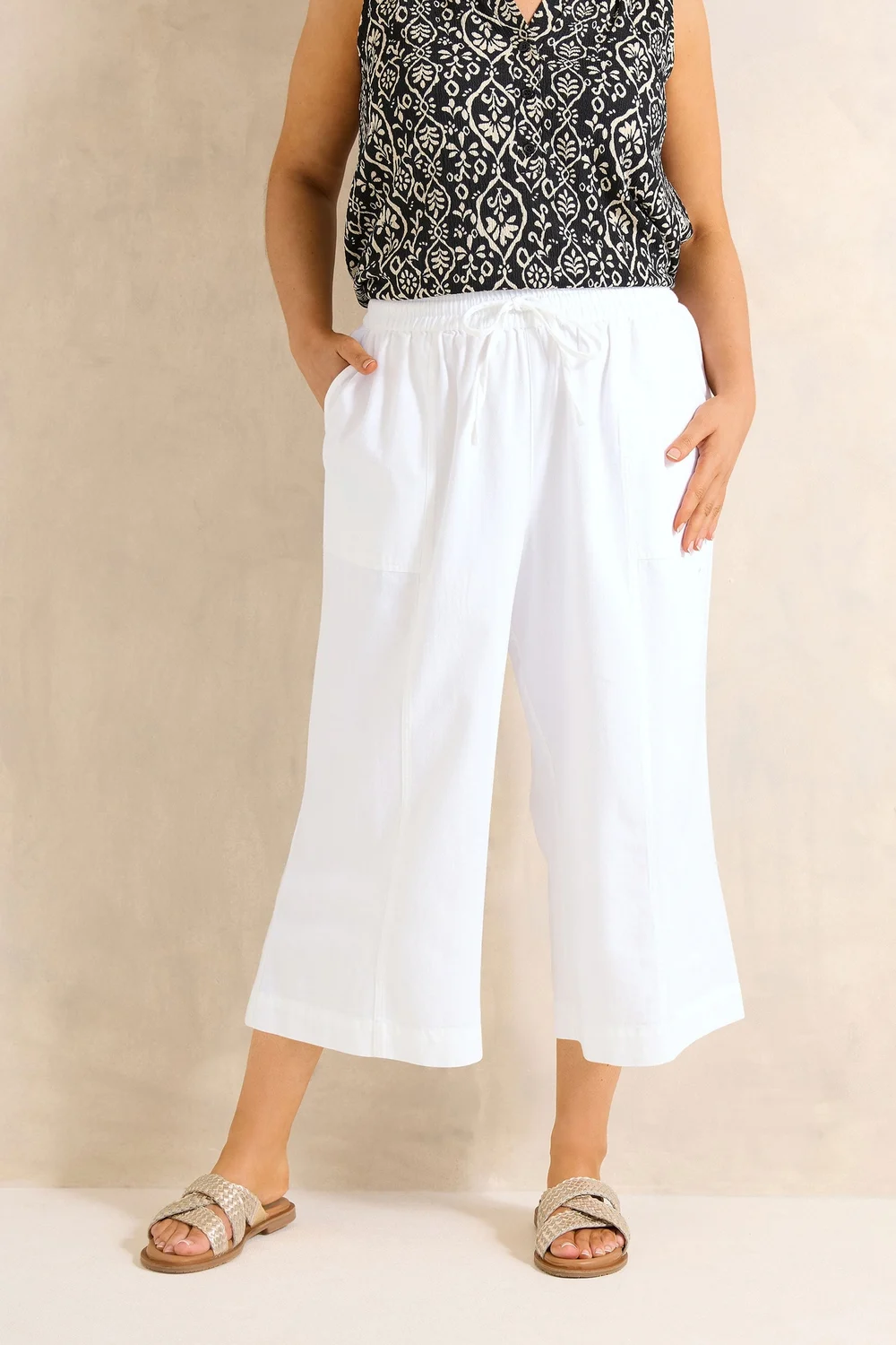 Evans Curve White Cropped Pull On Cotton Trousers - 22-24 Image 2