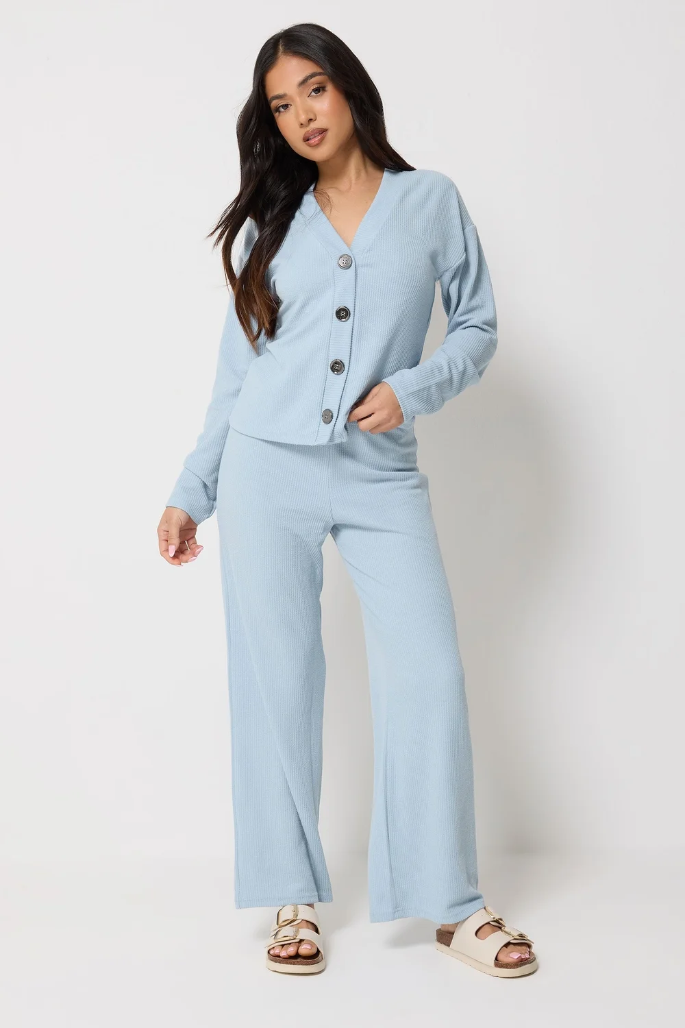 PixieGirl Petite Light Blue Ribbed Wide Leg Trousers - 12/L27 Image 1