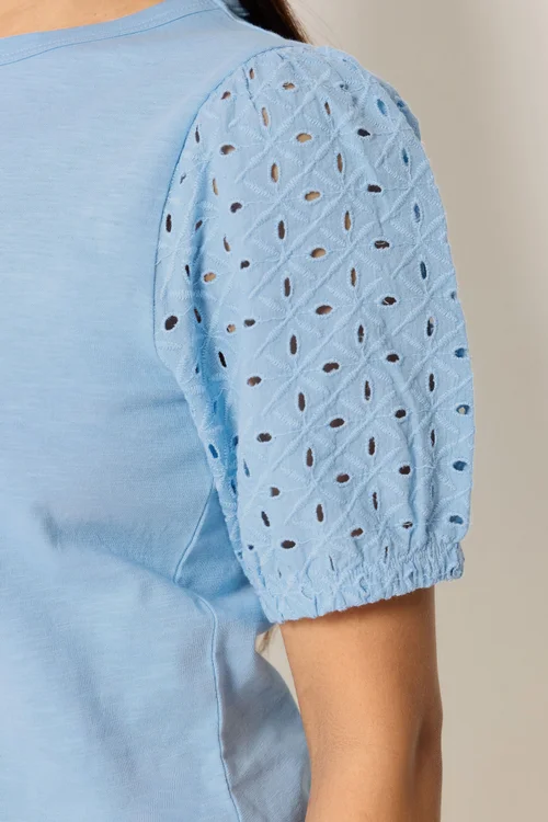 M&Co Petite Blue Broderie Puff Sleeve Top - 10 Image 4