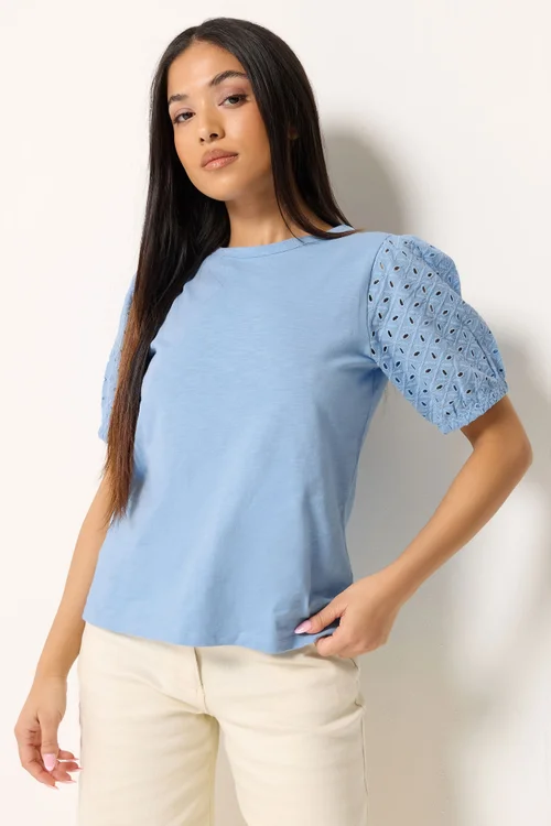 M&Co Petite Blue Broderie Puff Sleeve Top - 10 Image 1