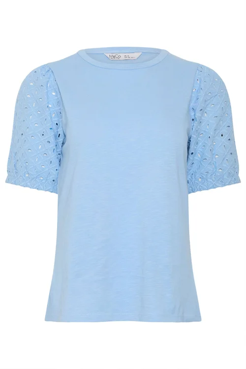 M&Co Petite Blue Broderie Puff Sleeve Top - 10 Image 5