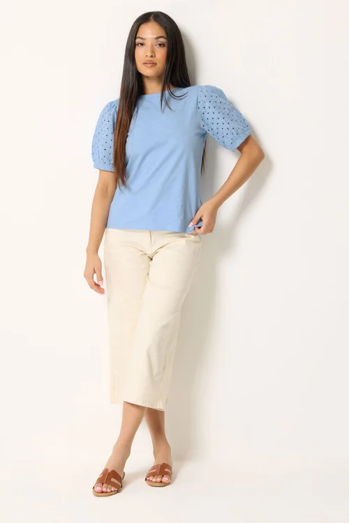 M&Co Petite Blue Broderie Puff Sleeve Top - 10 Image 2