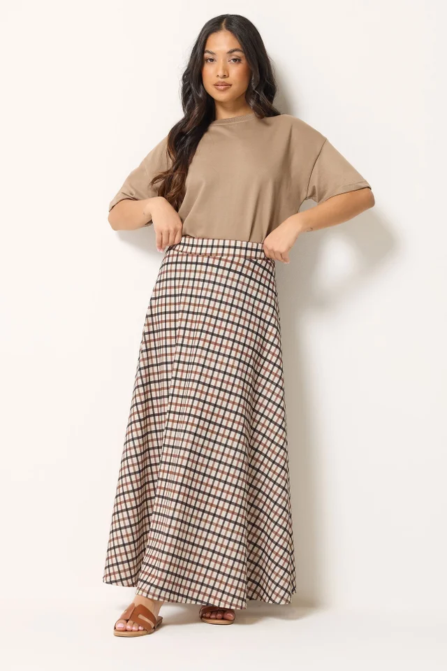 PixieGirl Petite Natural Brown Check Maxi Skirt