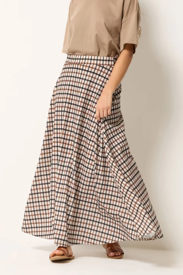 PixieGirl Petite Natural Brown Check Maxi Skirt