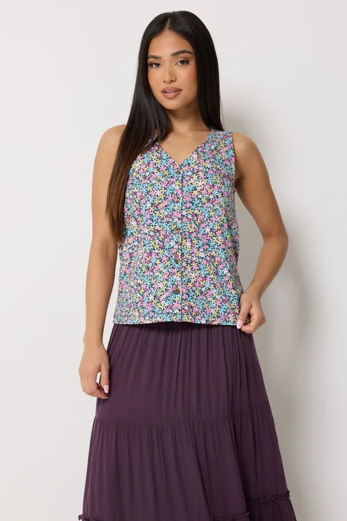 M&Co Petite Pink Floral Print Button Vest Top - 10 Image 2
