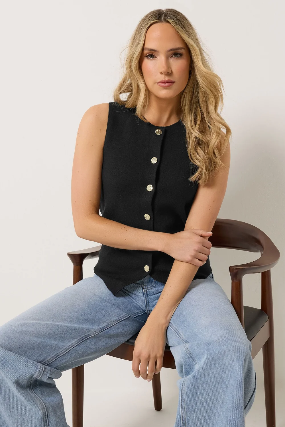 Long Tall Sally Black Button Vest Top - 8-10 Image 1