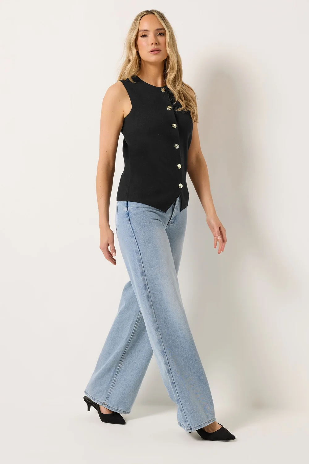Long Tall Sally Black Button Vest Top - 8-10 Image 3
