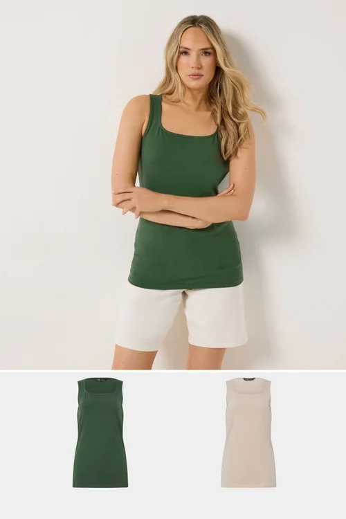 Long Tall Sally 2 Pack Forest Green & Natural Brown Vest Tops - 14 Image 1