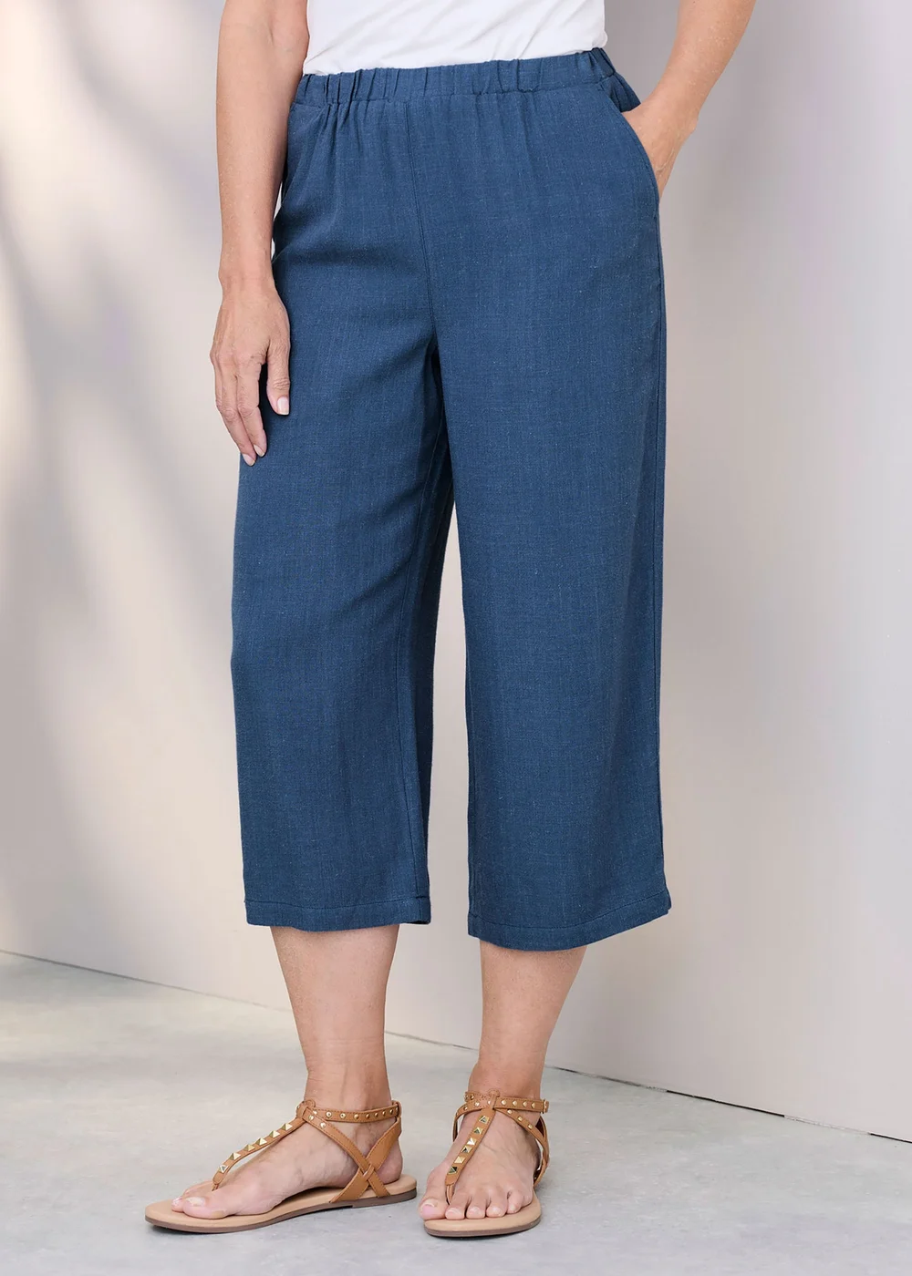 Cotton Traders Steel Blue Viscose Linen Blend Cropped Trousers - 12 Image 2