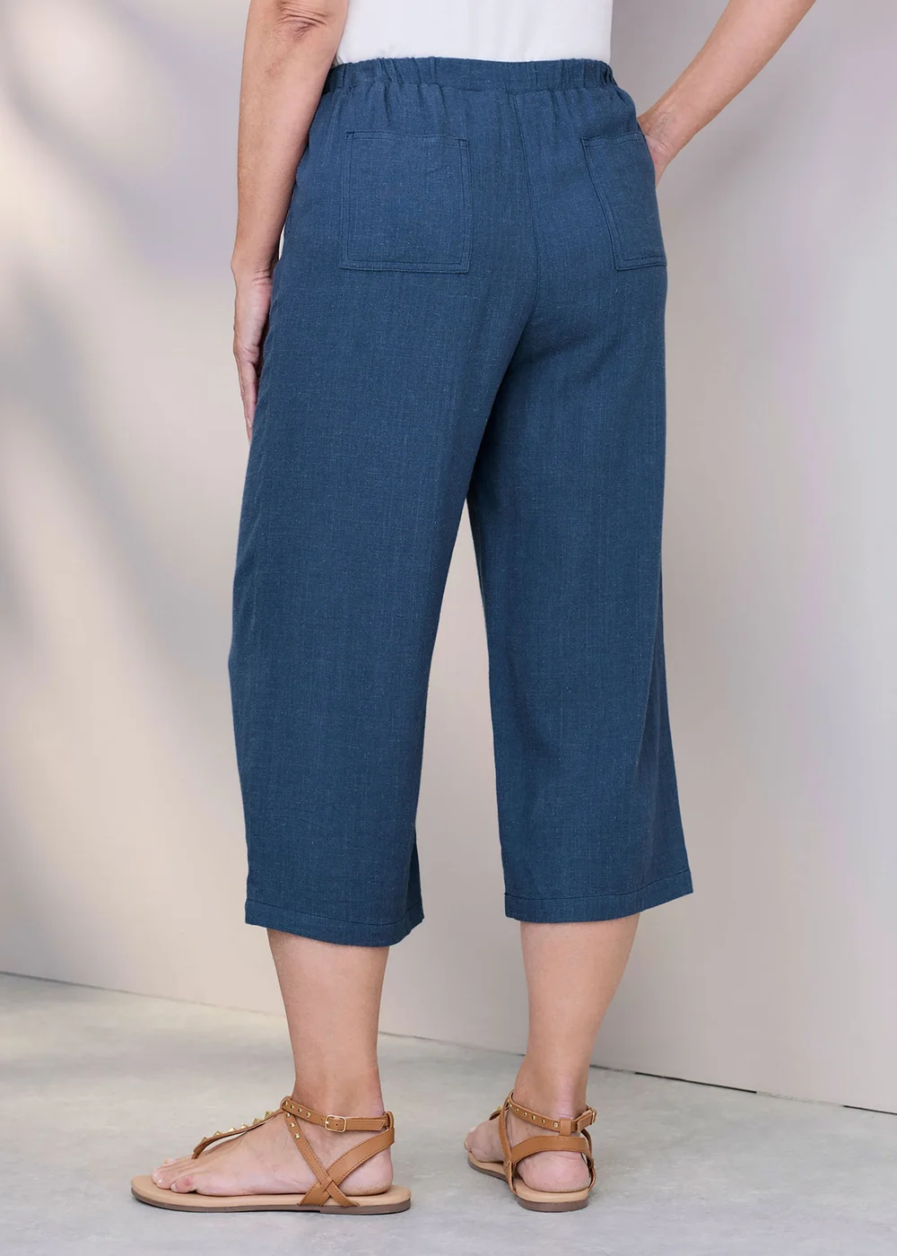 Cotton Traders Steel Blue Viscose Linen Blend Cropped Trousers - 12 Image 3