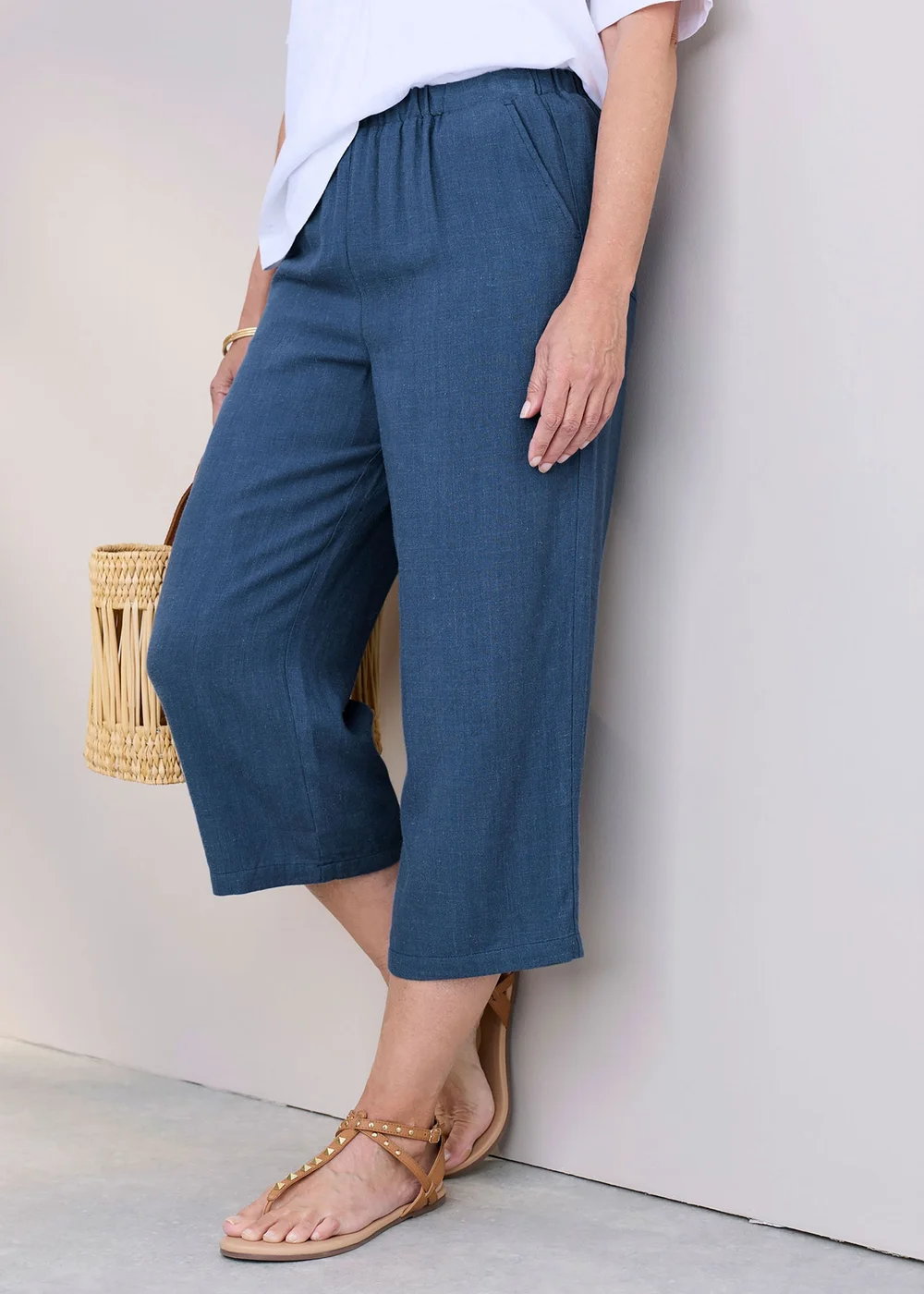 Cotton Traders Steel Blue Viscose Linen Blend Cropped Trousers - 12 Image 1