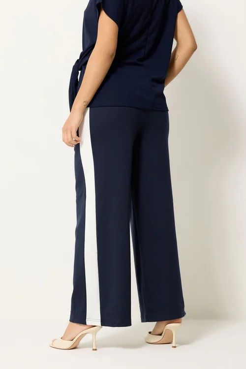 M&Co Petite Navy Blue Side Stripe Wide Leg Trousers - 16 Image 3