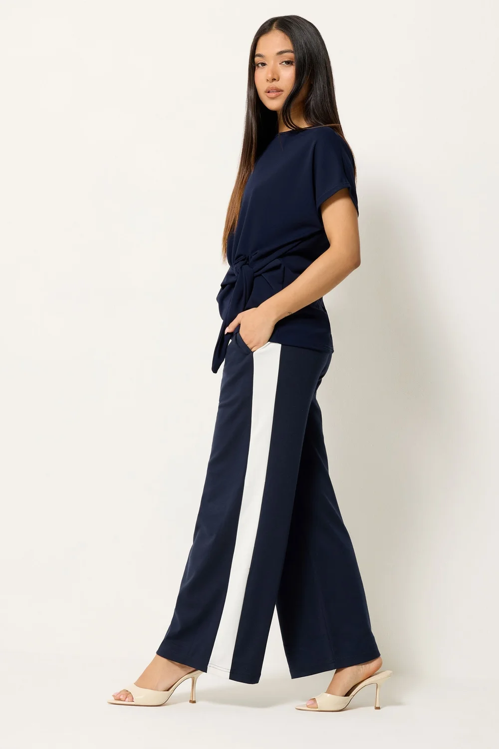 M&Co Petite Navy Blue Side Stripe Wide Leg Trousers - 16 Image 2