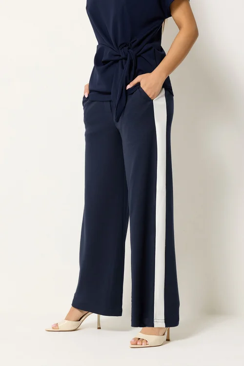 M&Co Petite Navy Blue Side Stripe Wide Leg Trousers - 16 Image 1