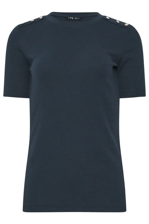 Long Tall Sally Navy Blue Ribbed Button T-Shirt - 20 Image 5