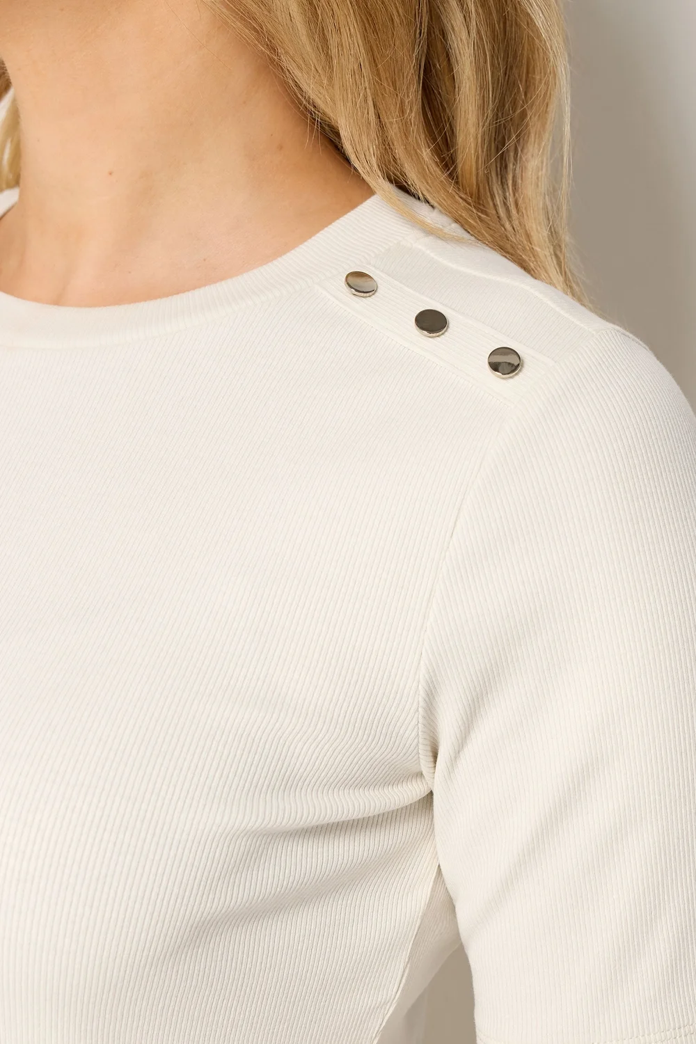 Long Tall Sally Ivory White Ribbed Button T-Shirt - 16 Image 4