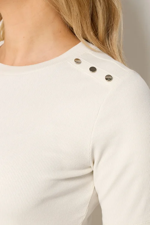 Long Tall Sally Ivory White Ribbed Button T-Shirt - 16 Image 4