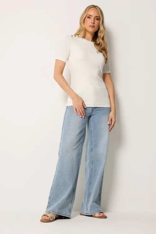 Long Tall Sally Ivory White Ribbed Button T-Shirt - 16 Image 2