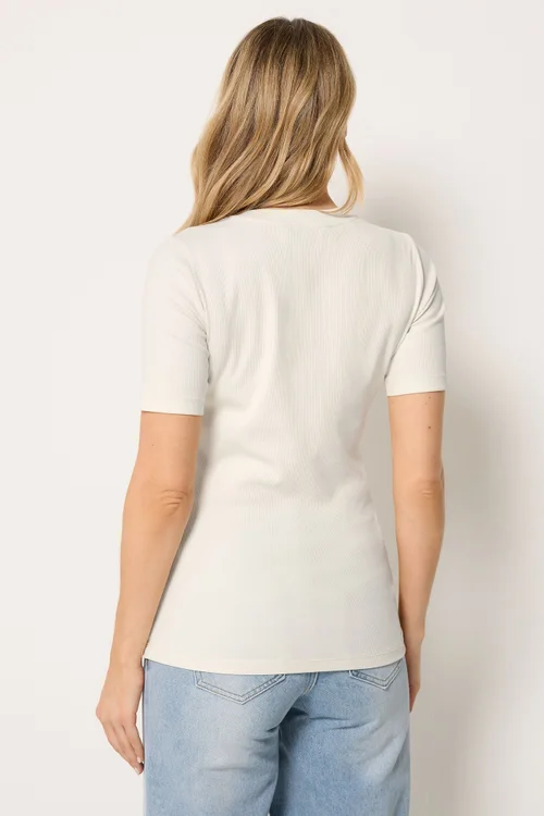 Long Tall Sally Ivory White Ribbed Button T-Shirt - 16 Image 3