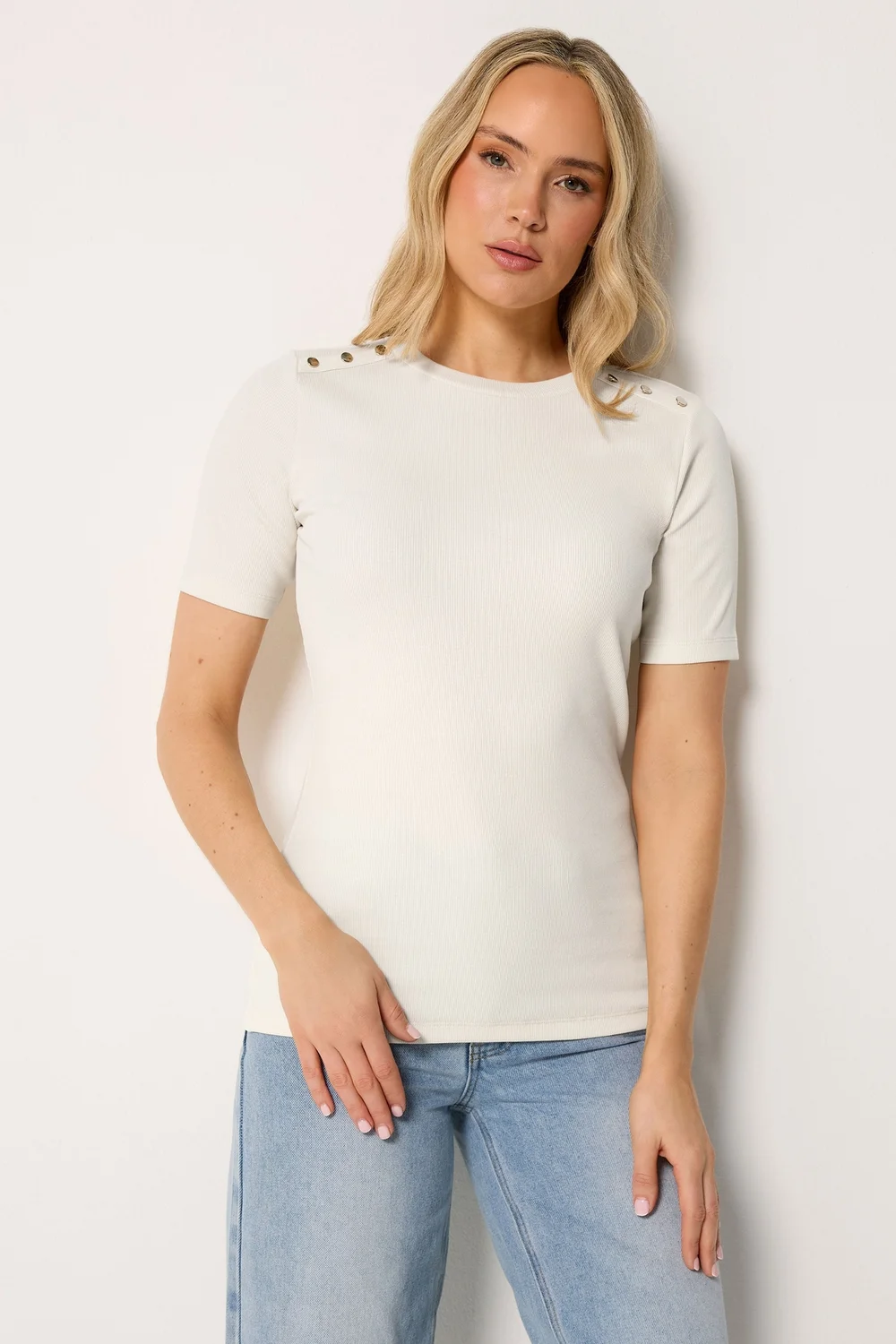 Long Tall Sally Ivory White Ribbed Button T-Shirt - 16 Image 1