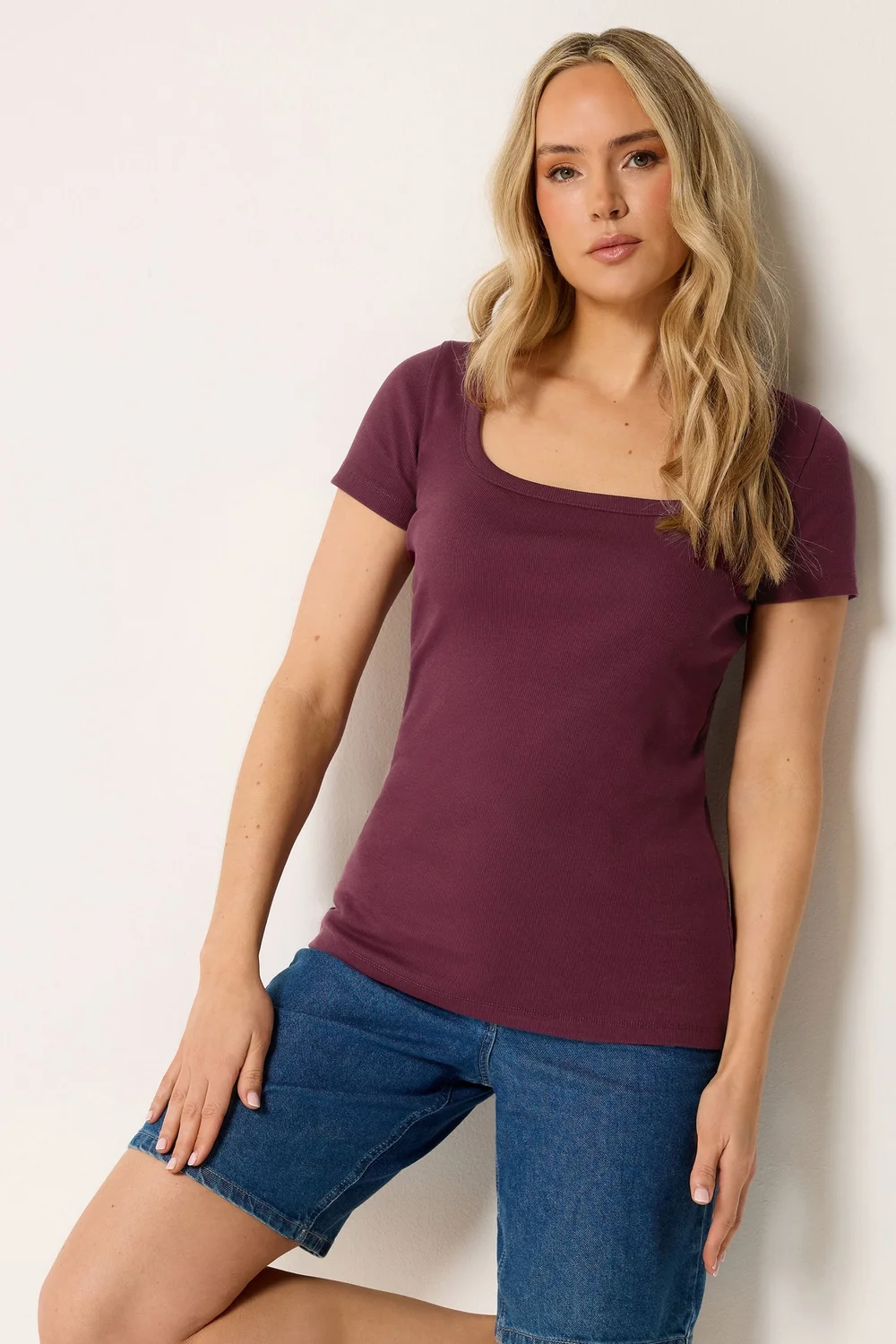 Long Tall Sally Plum Purple Square Neck Ribbed T-Shirt - 18 Image 1