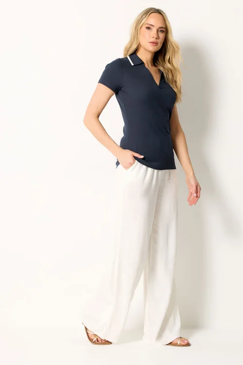 Long Tall Sally Navy Blue Contrast Collar Polo Top - 14 Image 2