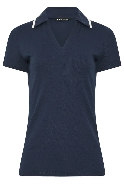 Long Tall Sally Navy Blue Contrast Collar Polo Top - 14 Image 5