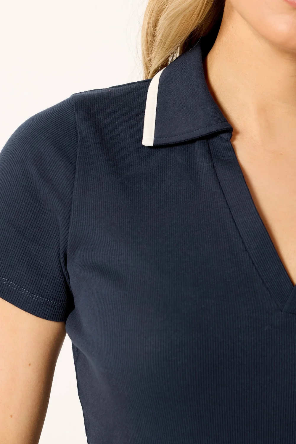 Long Tall Sally Navy Blue Contrast Collar Polo Top - 14 Image 4