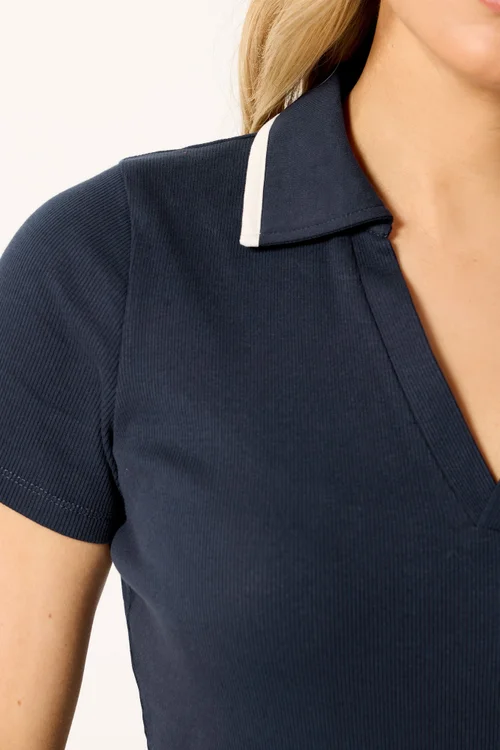 Long Tall Sally Navy Blue Contrast Collar Polo Top - 14 Image 4