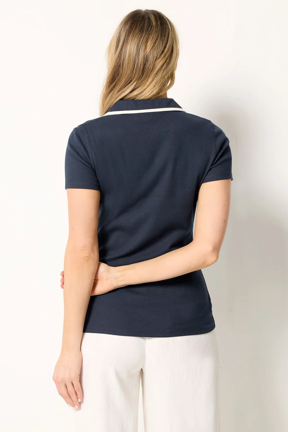 Long Tall Sally Navy Blue Contrast Collar Polo Top - 14 Image 3