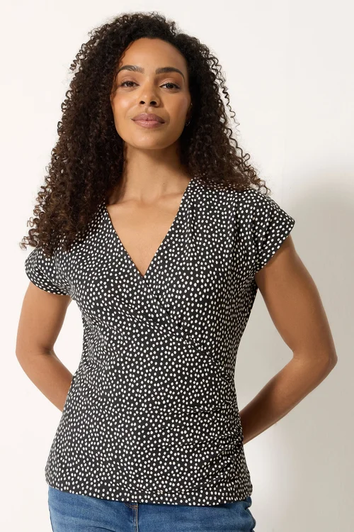 M&Co Black Polka Dot Grown-On Sleeve Wrap Top - 14 Image 1