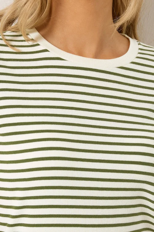 Long Tall Sally Olive Green Stripe Ribbed T-Shirt - 16 Image 5