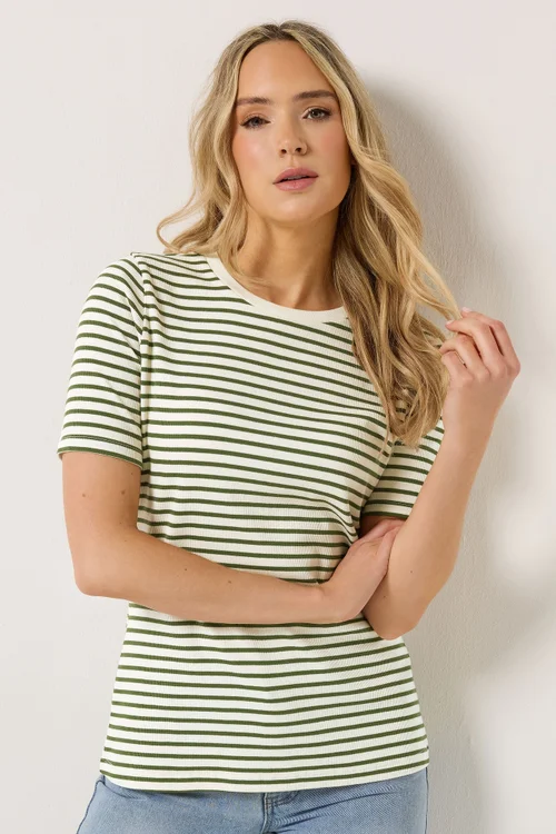 Long Tall Sally Olive Green Stripe Ribbed T-Shirt - 16 Image 2