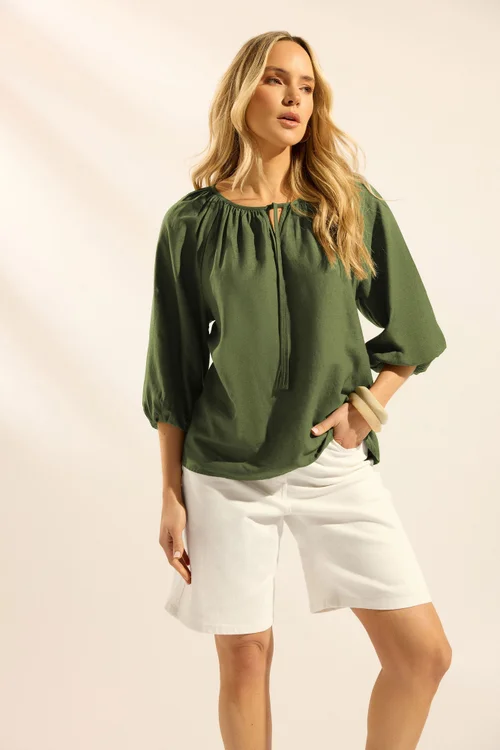 Long Tall Sally Khaki Green Linen Blouse - 14 Image 1